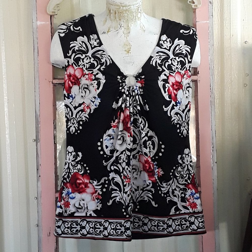 WHBM Black Floral Top Striking Colors